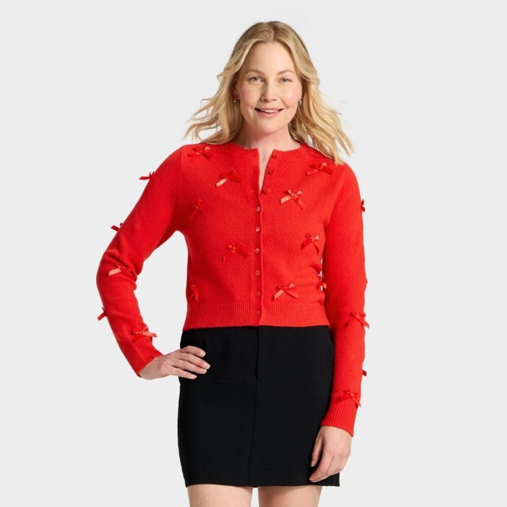 Women's Long Sleeve Party Cardigan Sweater - A New Day Red XS